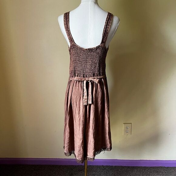 Vintage Y2K Brown Embroidered Slip Dress Fringe Hem Boho Summer Festival Small - Picture 6 of 10